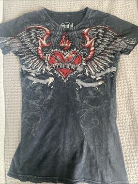 Sinful Black Tee with Red and Silver Winged Heart Graphic
